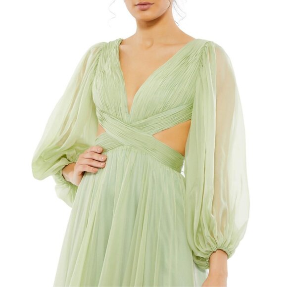 Mac Duggal Size 0 Light Green Chiffon Corset Lace Up Back Long Sleeve Maxi Dress - Picture 2 of 3